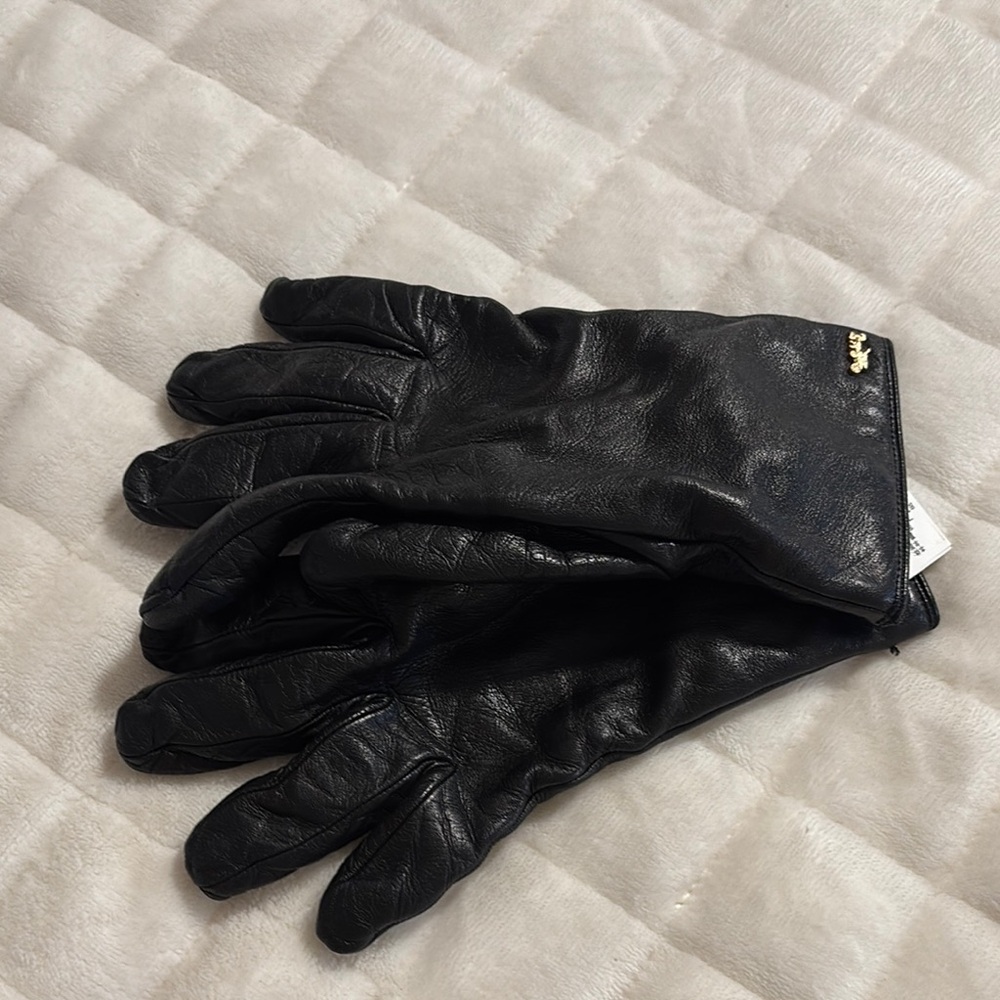 Coach Black Leather Gloves with Short Cuff and Metallic Detail